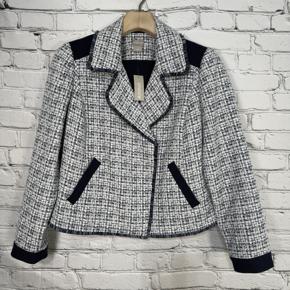 Chico's Moto Tweed Trim Detail LS Jacket Size 1 8-10 Classic Navy 1/2 Zip NWT - Picture 1 of 16